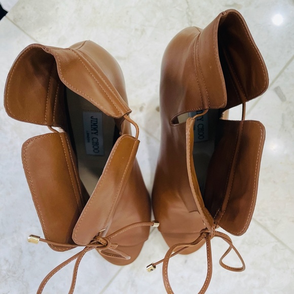 JIMMY CHOO Ankle Boot Bootie Memphis 100 Leather Canyon Brown Camel Peep… - Picture 16 of 16